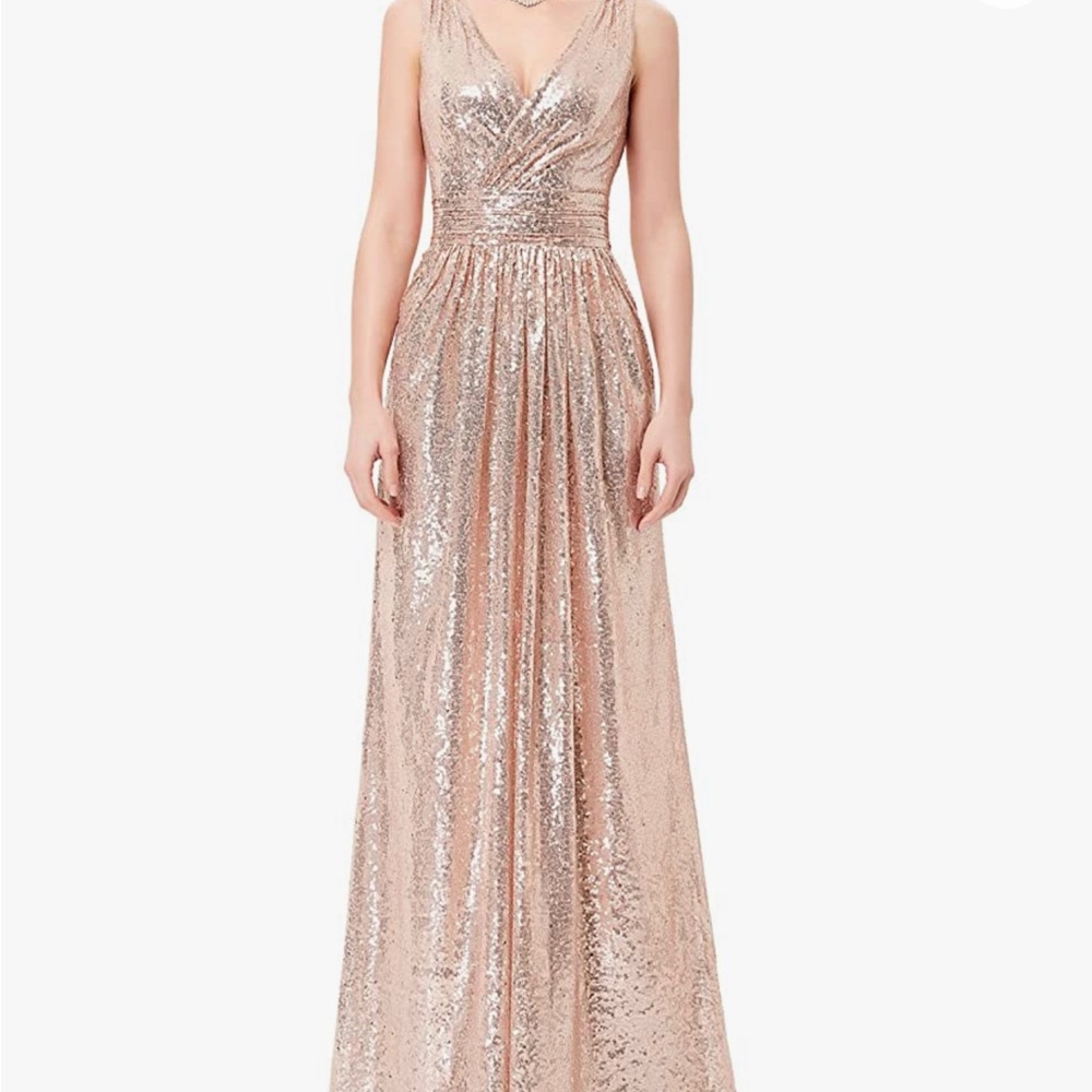 Macy's Rose Gold Pink Long Prom Dress Full Length Sleeveless Sequins V Neck